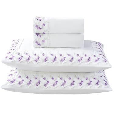 Imagem de Jogo De Lençol Ricca King 4 Peças Micropercal 300 Fios Bordado Floral - Violetas - 100% Poliéster