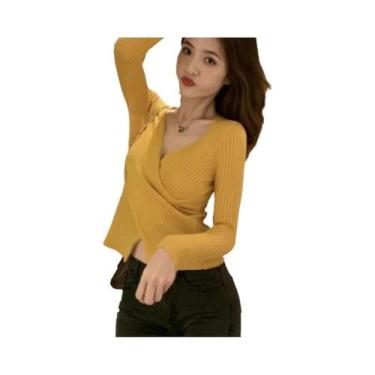 Imagem de Blusas De Tricô Femininas De Manga Longa Com Decote Em V, Casuais Para