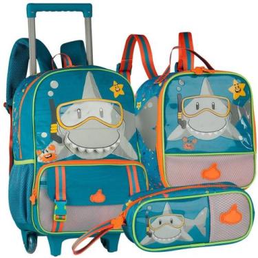 Imagem de Conjunto Material Escolar Tubarão Infantil Criança Mochila de Rodinhas