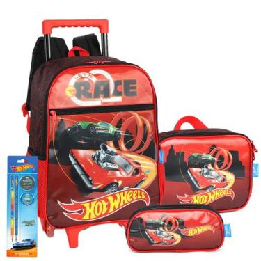 Imagem de Kit Mochila Rodinha Hot Wheels Estojo + Lancheira Infantil, Vermelho