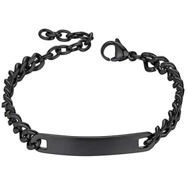 Imagem de ChainsHouse Pulseira de identificação personalizada para homens e mulheres corrente cubana de aço inoxidável pulseira de barra de gravação personalizada, 7 mm de largura, 19-21 cm, caixa de presente, Metal