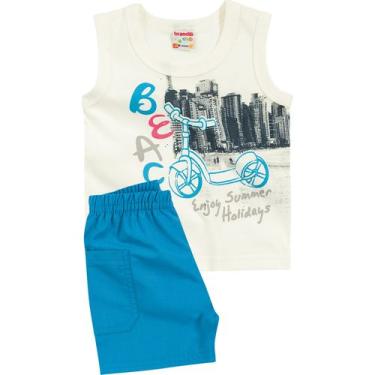 Imagem de Conjunto Bebê Brandili Camiseta Regata e Bermuda - Em Meia Malha e Sarja - Branco e Azul