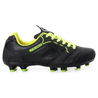 Imagem de Chuteira Couro Legitimo Campo Gramado Travas Preto Amarelo Limão Sola Colada Costurada