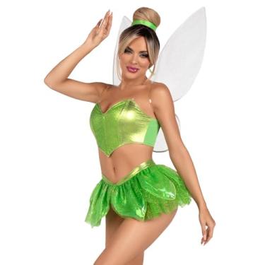 Imagem de Leg Avenue 5 peças Rebel Fairy, inclui top cropped com barbatanas brilhantes com alças transparentes removíveis, calcinha com saia de pétala de glitter, asas iridescentes e fita de cabelo, verde, PP