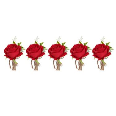 Imagem de 5 peças de alfinete de flor na lapela de casamento de rosa fixo, corpete de flor artificial de plástico, decoração de flores de banquete de baile de casamento artificial com (Red)