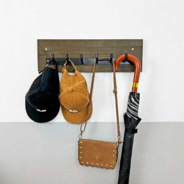 Imagem de Cabideiro de Parede 6 Ganchos Industrial de Ferro e Madeira Tabaco e P