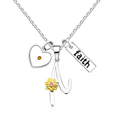Imagem de Uloveido A-Z 26 Colar com pingente de girassol do alfabeto para mulheres, meninas, aço inoxidável, pingente religioso, coração, semente de mostarda, fé, nome e letra Y2930, Aço inoxidável, Zircônia