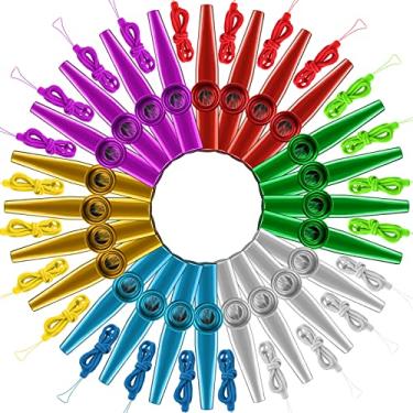 Imagem de 48 peças Kazoos de metal com cordões, instrumentos musicais, kazoo pacote, 6 cores, flauta kazoo em massa, bom companheiro para guitarra, violino, piano, teclado, ukulele, crianças, adultos, amantes da música, presente, prêmio, lembrancinhas de festa