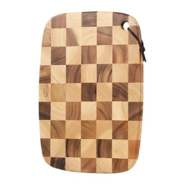 Imagem de Tábua de corte oval com monograma de grão final de acácia tailandês, melhor para tábua de cortar, estação de preparação, decoração de cozinha, queijo, carne, pão, vegetais e frutas, 40 x 28 cm xadrez