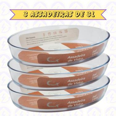 Imagem de 3uni Assadeira Oval 3L Vidro Temperado Sobremesa Assados - CasaVita, O