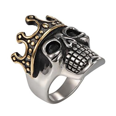 Imagem de mowen Anel masculino de aço inoxidável vintage banhado a ouro 14 k, coroa de crânio rei, motociclista, ouro preto prateado (8)