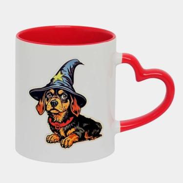Imagem de Caneca Branca Alça Love Vermelha Porcelana - DACHSHUND CACHORRO CHAPEU MAGO