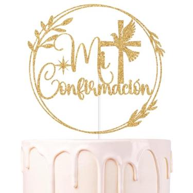 Imagem de Gold Glitter Mi Confirmacion Cake Topper, First Holy Communion/Mi Primera Comunion, Baptism Baby Shower Christening Party Decorations