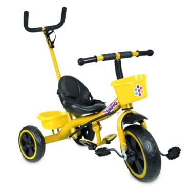 Imagem de Triciclo Infantil Amarelo 2 Em 1 Mega Compras Com Pedal E Cesto Para Passeio | Carrinho Triciclo De Bebê Com Empurrador Removível, Conforto E Segurança