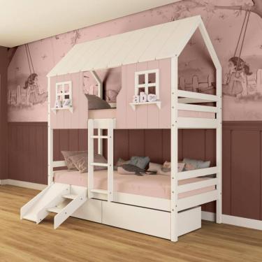 Imagem de Beliche Casinha Encantada com 02 Gavetas Kit Escada/ Escorregador Madeira Maciça Rosa/ Branco Megamobilia