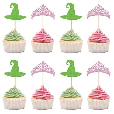 Imagem de 24pcs Witch Hat and Princess Crown Cupcake Toppers, Pink and Green Cupcake Topper for Birthday's Celebrations Themed Party Decorations (Pink and Green)