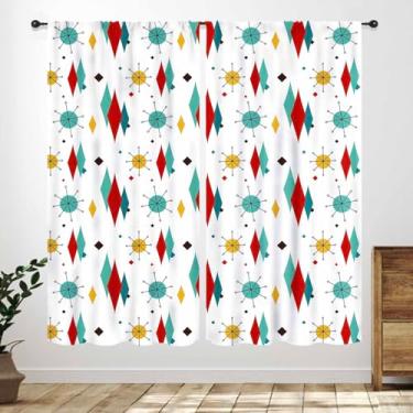 Imagem de Cortinas de meados do século, retrô anos 1950 e 1960, abstrato, atômico, colorido, geométrico, diamante, tratamentos de janela para quarto, sala de estar, banheiro, 2 painéis, 106 x 113 cm