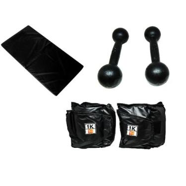 Imagem de Kit Colchonete Preto + Par de Caneleira Tornozeleira De Peso 1kgs Prof