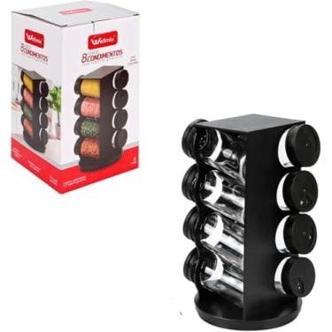 Imagem de Porta Condimentos Giratório Plástico Preto com 08 Potes 80ml Base Rotativa Design Moderno Organizador de Temperos para Cozinha