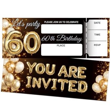 Imagem de Convites de aniversário de 60 anos para mulheres e homens, tema de balão dourado, 20 convites com 20 envelopes, decoração de lembrancinhas de festa com glitter dourado preto (3 × 8 polegadas) A10