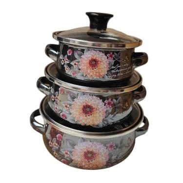 Imagem de DimyFew Conjunto de 3 panelas esmaltadas com alças duplas, flor esférica, espelho, esmalte com tampas, potes esmaltados para cozinhar, jantar, presente