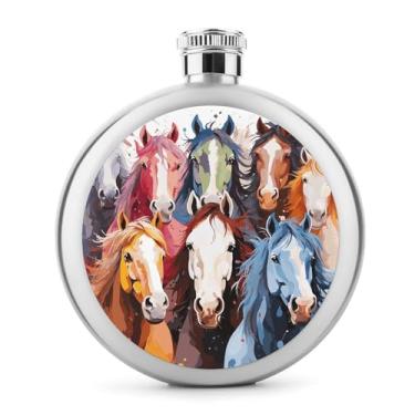 Imagem de Cantil de metal, colorido desenho animado cavalos impressão garrafa anca garrafa aço inoxidável garrafa portátil garrafa de viagem leve garrafa durável