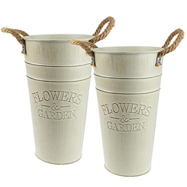 Imagem de Vasos galvanizados para flores conjunto de 2 – Vaso de flores para decoração de lareira de fazenda – Decoração de casamento vintage de metal rústico – Vaso de flores francesas alto com balde galvanizado de 25,4 cm com alças de corda