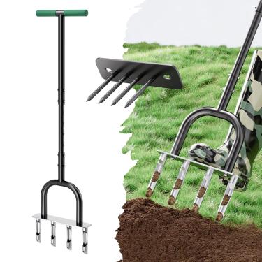 Imagem de GENNICCI Aerador de gramado 2 em 1, ferramenta de gramado aerador de núcleo, aerador de ponta de gramado, ferramenta de gramado aerador manual com dentes ocos e sólidos substituíveis, ferramenta de
