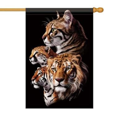 Imagem de Starlit Patio Bandeira de casa de gatos grandes 71 x 101 cm tigre leão guepardo selva vida selvagem jardim bandeira dupla face exterior quintal varanda gramado patriótico decoração de casa de fazenda