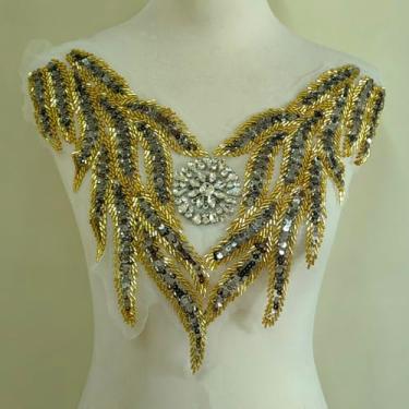 Imagem de Feepop Vestido de casamento Cheongsam com contas de cristal decoração de diamante DIY acessórios de roupas de renda colar falso (branco)