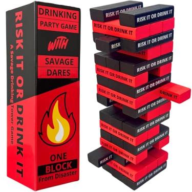 Imagem de RISK IT OR DRINK IT 2025 Savage Drinking Tower Game for Adults Party | Stacking Blocks with 54 Bold Dares, Group Challenge for Games Night, College, Pregame | Gifts for Bachelorette, Birthday Parties