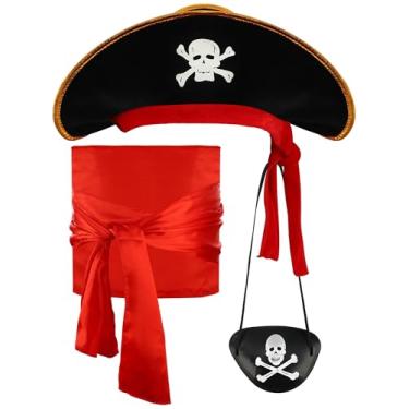 Imagem de Conjunto de acessórios de fantasia de pirata, faixa de olho de pirata, cinto com estampa de caveira, chapéu de capitão, acessórios de dramatização de piratas para homens e mulheres, Halloween, piratas