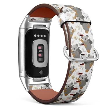 Imagem de Pulseira de couro de substituição para relógio Fitbit Charge 5 / Fitbit Charge 6 (flores coala mãe) para smartwatch para mulheres e homens