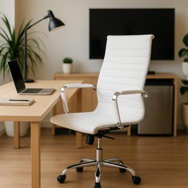 Imagem de Cadeira De Escritório Presidente Stripes Esteirinha Charles Eames Eiffel Com Relax Suporta 120kgs Branca