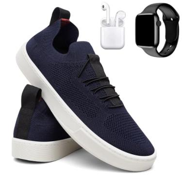 Imagem de Tênis Masculino Knit Casual Básico Calce Fácil Confortável + Fone + Relógio - Azul-marinho/44