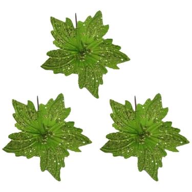 Imagem de Kit 3 Flores Bico de Papagaio Pick Natal Glitter Lantejoulas Verde 20cm - Magizi