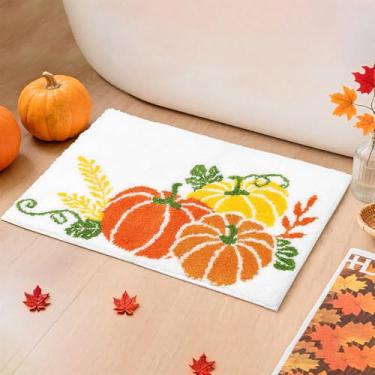 Imagem de Mocsicka Tapetes de banheiro de abóbora, decorações de ação de graças, para banheiro, Halloween, tapete de banho macio com tufos 50 x 81 cm, lavável na máquina (laranja, 51 x 76 cm, abóbora)