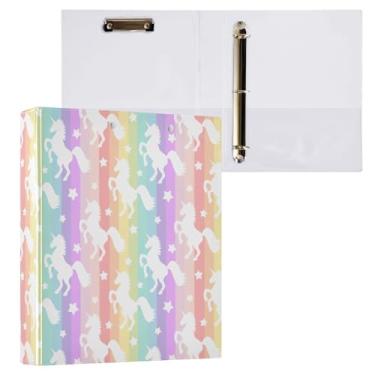 Imagem de Vuiyean Fichário de unicórnio colorido arco-íris de 3 cm com prancheta e bolsos, fichários de capa dura de unicórnios estrela, 3 anéis, pasta de arquivo grande resistente para material escolar de