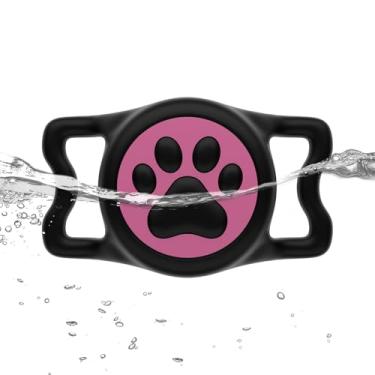Imagem de WhoseID Suporte IP68 Waterpoof Dog AirTag, suporte de silicone elástico para Apple Air Tag para coleira de cachorro e gato, adequado para coleira de todas as larguras (preto e rosa, 1 pacote)