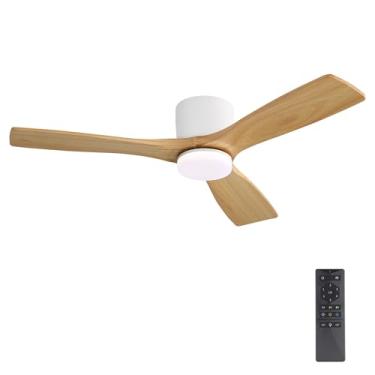Imagem de WINGBO Ventilador de teto CC de montagem embutida - perfil baixo de 122 cm, luz regulável 3CCT, 3 lâminas de madeira esculpida, motor CC reversível sem ruído de 6 velocidades, acabamento branco