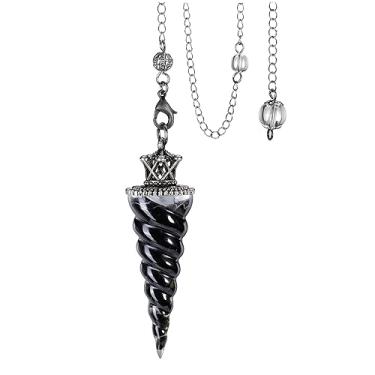 Imagem de Jovivi Pêndulos de cristal obsidiana preta natural para adivinhação, coroa sprial cone pontudo pingente pêndulo com corrente, pedras de lascas de resina cura Reiki Chakra pedra preciosa pêndulo Wiccan