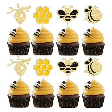 Imagem de Gyufise 24Pcs Bumble Bee Cupcake Toppers Glitter Heart Honeycomb Bee Cupcake Picks BaBy Shower Cake Decorations for Bee Theme Baby Shower Kids Birthday Party Supplies
