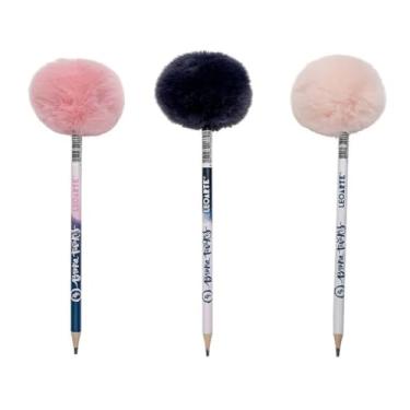 Imagem de Lápis Bruna Tavares 3 unidades Grafite HB com Pompom Decorativo, Rosa, Azul e Pink, Macio e Resistente, para Escrita e Desenho, 3 Unidades