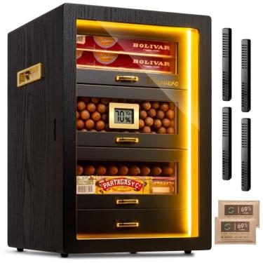 Imagem de Umidor para Charutos Marvero com Higrômetro Digital e Umidificador, Iluminação LED e 4 Gavetas de Cedro, Pacotes de Umidade.