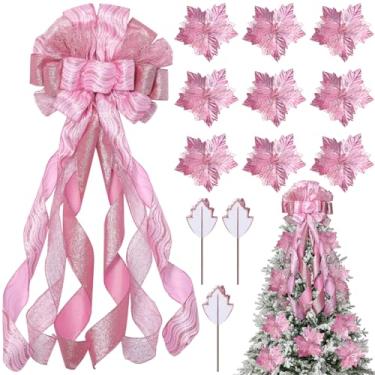 Imagem de Arco de enfeite de árvore de Natal 86 x 30 cm laço grande e flores artificiais para decoração de casa de porta de guirlanda de árvore de Natal (rosa)