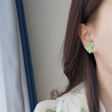 Imagem de Brincos de trevo de quatro folhas verdes para mulheres, banhado a ouro 18 K, não perfurado, simples, trevo da sorte, clipe para cartilagem, casamento, noiva, formatura, hipoalergênico, dia de São