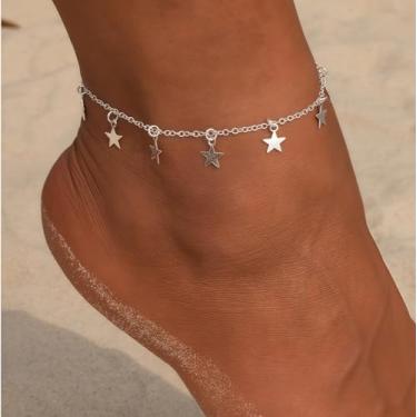 Imagem de Tornozeleira feminina Boho com pingente de estrelas prateadas para o verão, hipoalergênica, impermeável, praia, tornozeleira havaiana, férias, borla, pingente de corrente de pé cubano, presente para