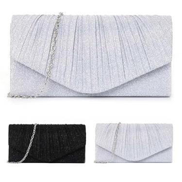 Imagem de Bolsa clutch prateada para noite - elegante bolsa de mão de tecido franzido com glitter com corrente delicada, bolsa de ombro de festa brilhante para casamento e eventos formais