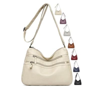 Imagem de Bolsas transversais femininas - bolsas de ombro com vários bolsos de couro macio com alça de ombro ajustável, Branco quente, Medium, Bolsas transversais femininas para viagens de lazer