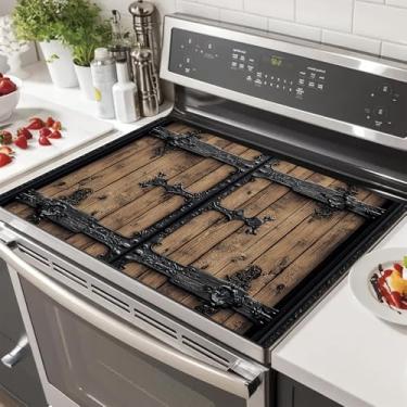 Imagem de HOMETITUTE Cobertura superior de fogão, tapete de secagem de louça, 71 x 50 cm, estilo retrô, tapete de porta de madeira, almofada de proteção de fogão, decorações de cozinha para pratos, pias